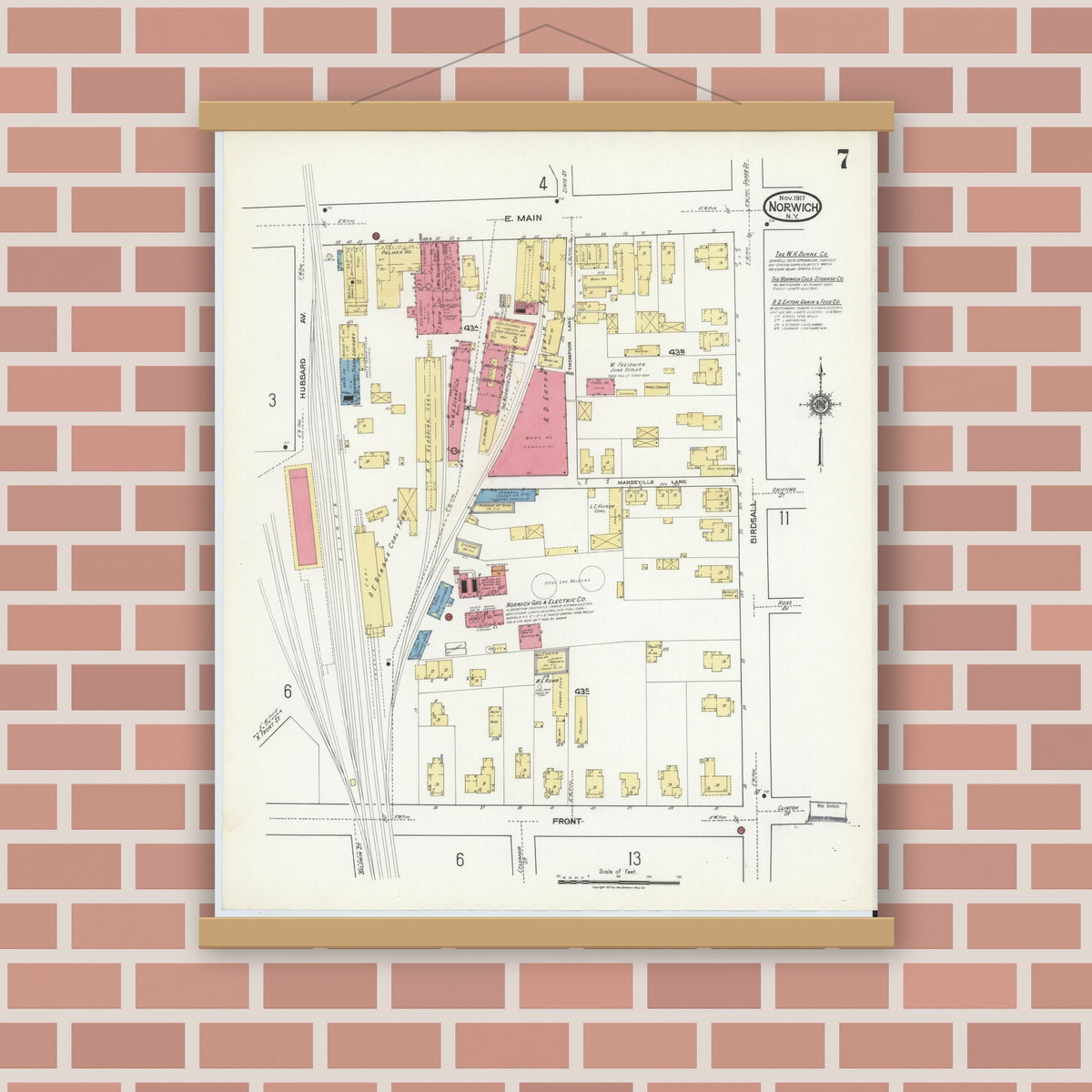 Old map wall art mockup — magnetic wood frame on brick wall — Sanborn Fire Insurance Map from Norwich, Chenango County, New York (1917), Sheet #0007