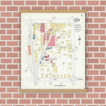 Old map wall art mockup — magnetic wood frame on brick wall — Sanborn Fire Insurance Map from Norwich, Chenango County, New York (1917), Sheet #0007