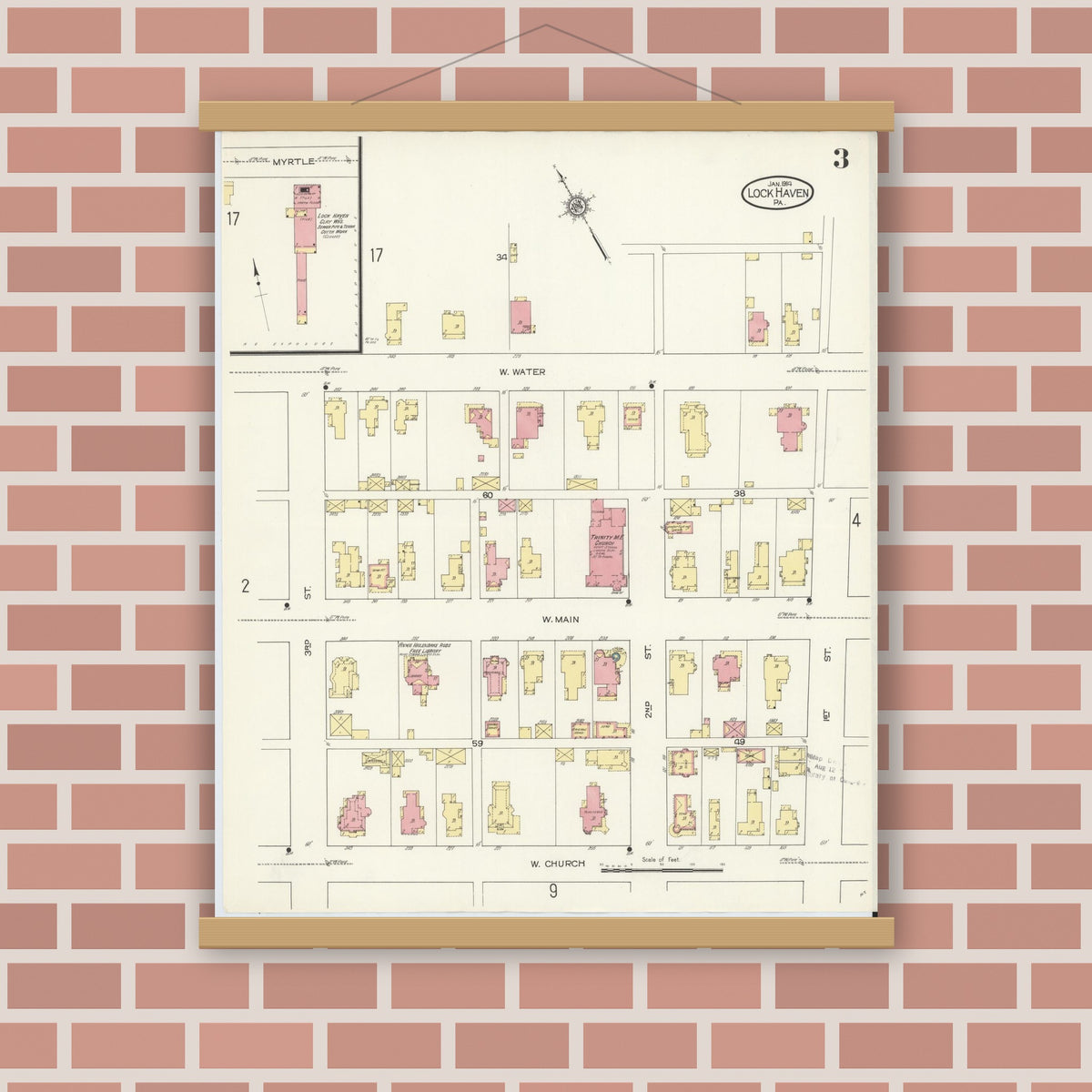 Old map wall art mockup — magnetic wood frame on brick wall — Sanborn Fire Insurance Map from Lock Haven, Clinton County, Pennsylvania (1914), Sheet #0003