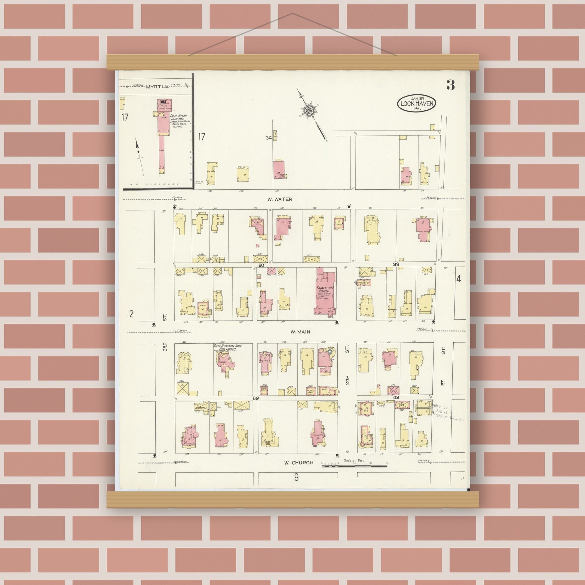 Old map wall art mockup — magnetic wood frame on brick wall — Sanborn Fire Insurance Map from Lock Haven, Clinton County, Pennsylvania (1914), Sheet #0003