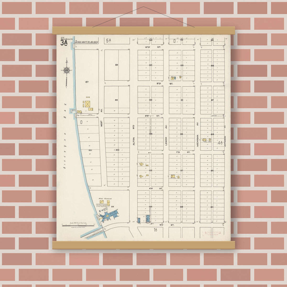 Old map wall art mockup — magnetic wood frame on brick wall — Sanborn Fire Insurance Map from Miami Beach, Dade County, Florida (1921), Sheet #0003