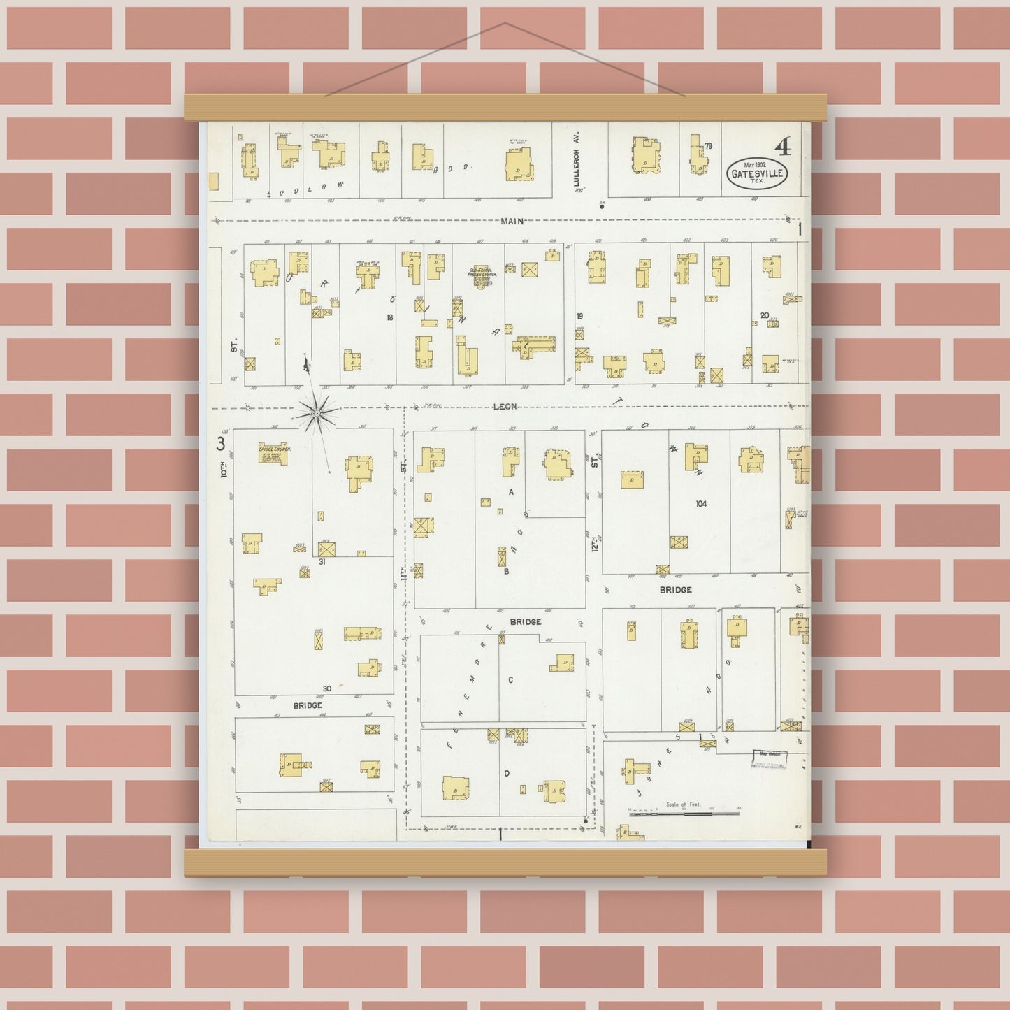 Old map wall art mockup — magnetic wood frame on brick wall — Sanborn Fire Insurance Map from Gatesville, Coryell County, Texas (1902), Sheet #0004