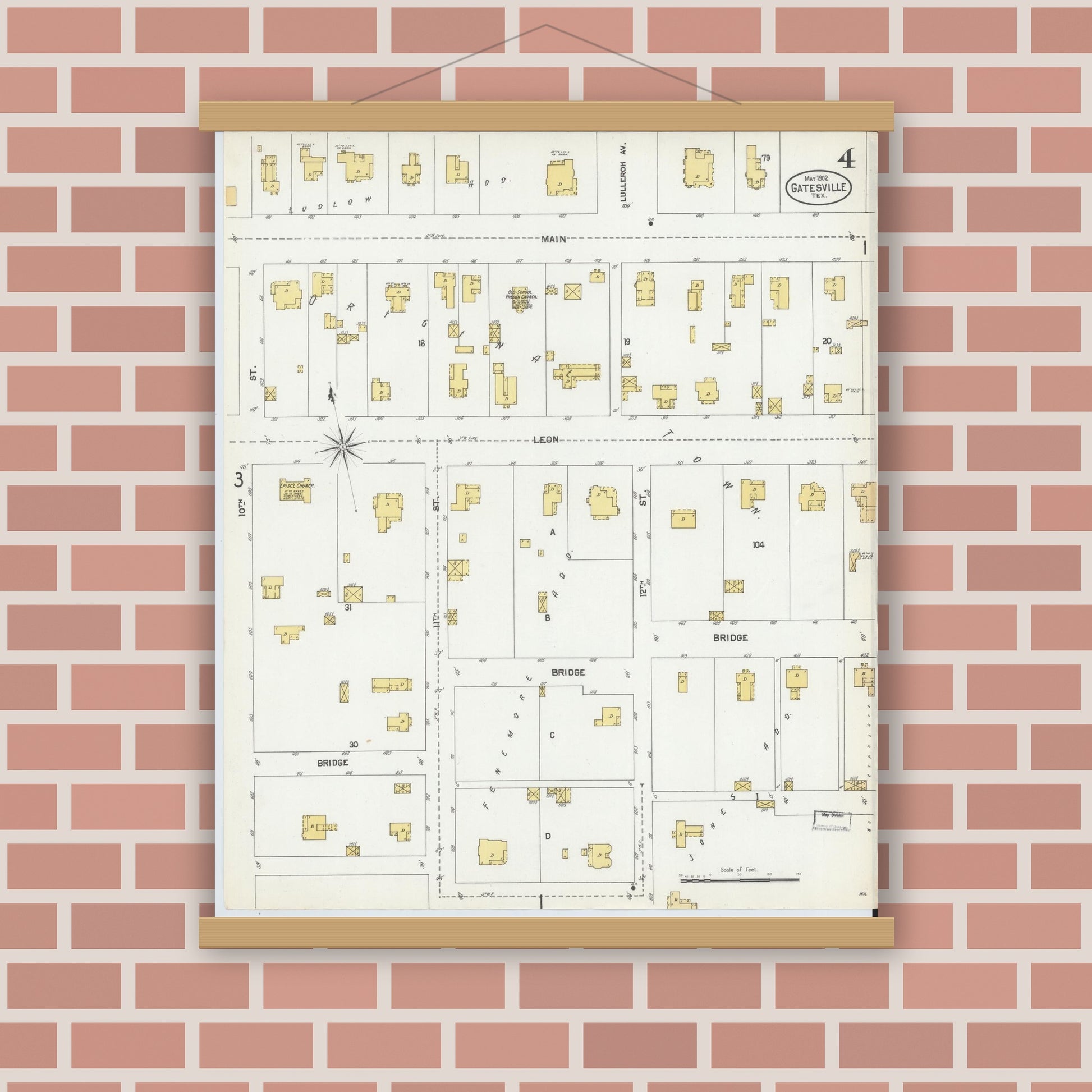 Old map wall art mockup — magnetic wood frame on brick wall — Sanborn Fire Insurance Map from Gatesville, Coryell County, Texas (1902), Sheet #0004