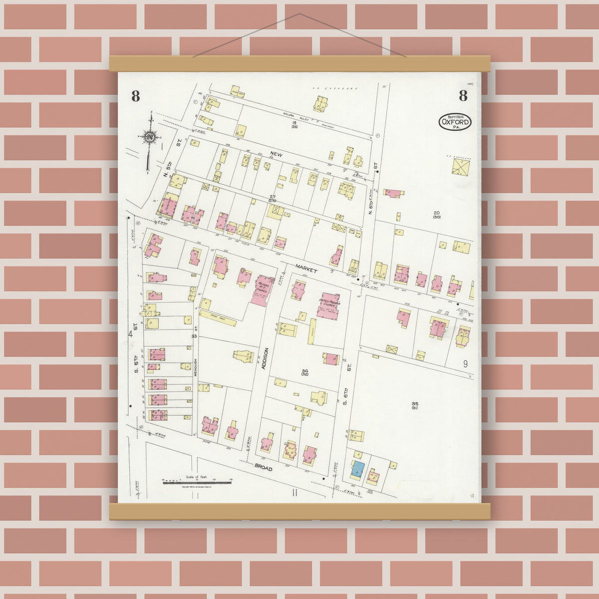 Old map wall art mockup — magnetic wood frame on brick wall — Sanborn Fire Insurance Map from Oxford, Chester County, Pennsylvania (1924), Sheet #0008