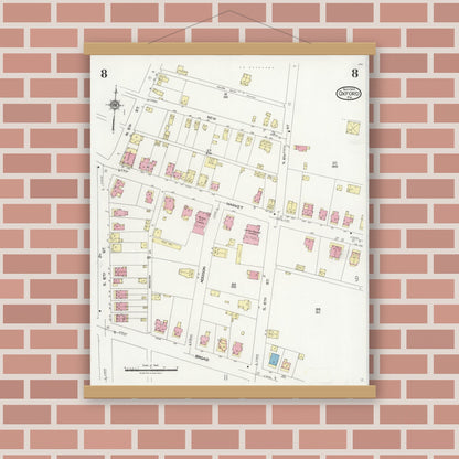 Old map wall art mockup — magnetic wood frame on brick wall — Sanborn Fire Insurance Map from Oxford, Chester County, Pennsylvania (1924), Sheet #0008