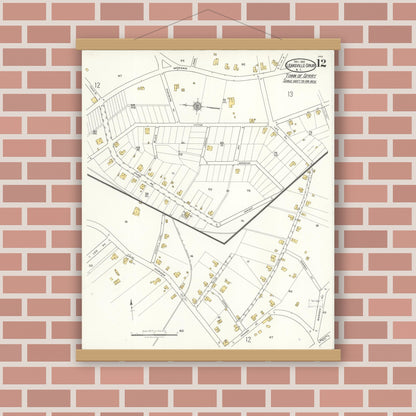 Old map wall art mockup — magnetic wood frame on brick wall — Sanborn Fire Insurance Map from Leaksville-spray, Rockingham County, North Carolina (1921), Sheet #0012