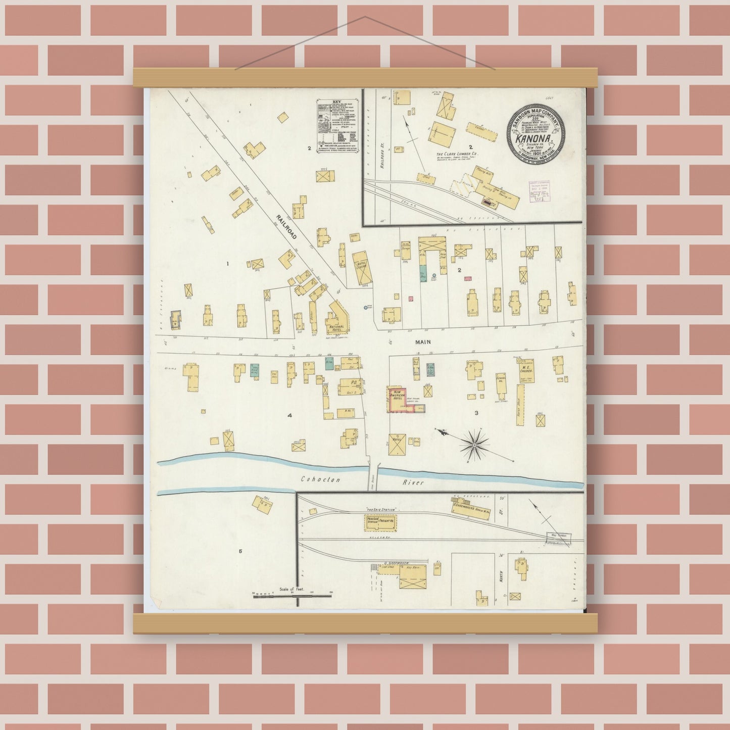 Old map wall art mockup — magnetic wood frame on brick wall — Sanborn Fire Insurance Map from Kanona, Steuben County, New York (1906), Sheet #0001