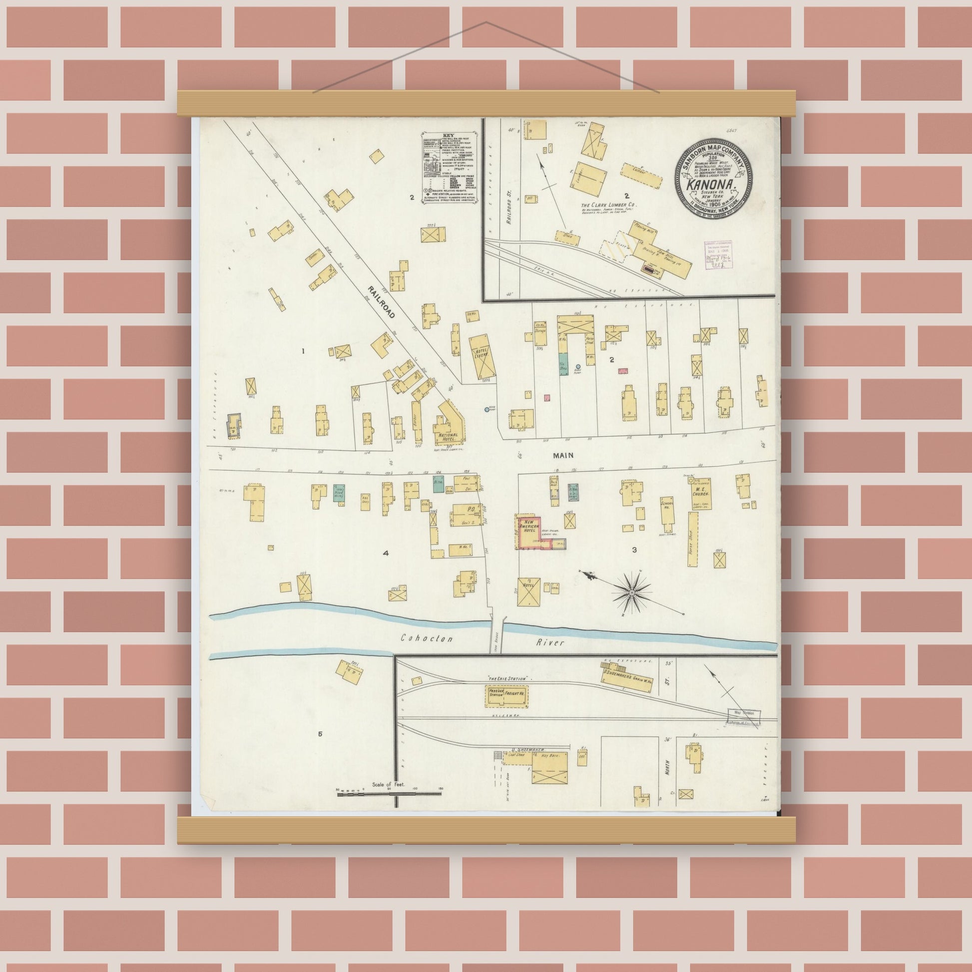 Old map wall art mockup — magnetic wood frame on brick wall — Sanborn Fire Insurance Map from Kanona, Steuben County, New York (1906), Sheet #0001