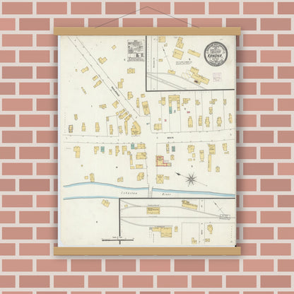 Old map wall art mockup — magnetic wood frame on brick wall — Sanborn Fire Insurance Map from Kanona, Steuben County, New York (1906), Sheet #0001