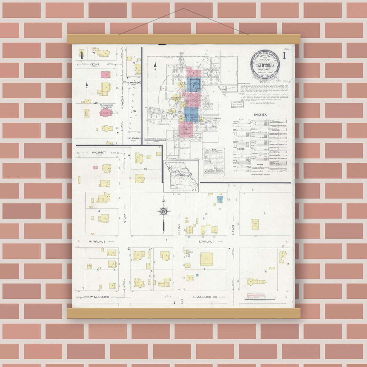 Old map wall art mockup — magnetic wood frame on brick wall — Sanborn Fire Insurance Map from California, Moniteau County, Missouri (1930) - Complete Map Set