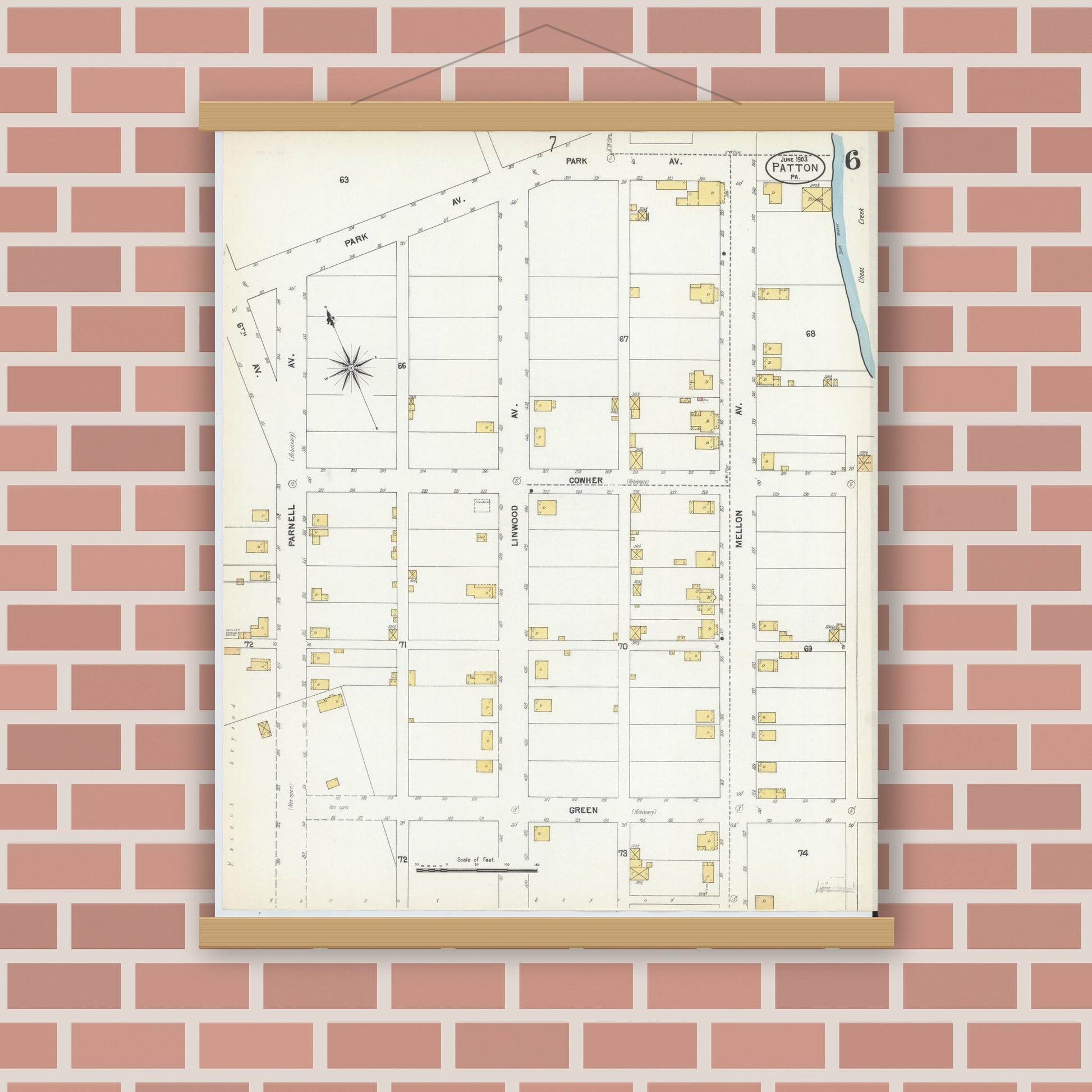 Old map wall art mockup — magnetic wood frame on brick wall — Sanborn Fire Insurance Map from Patton, Cambria County, Pennsylvania (1903), Sheet #0006