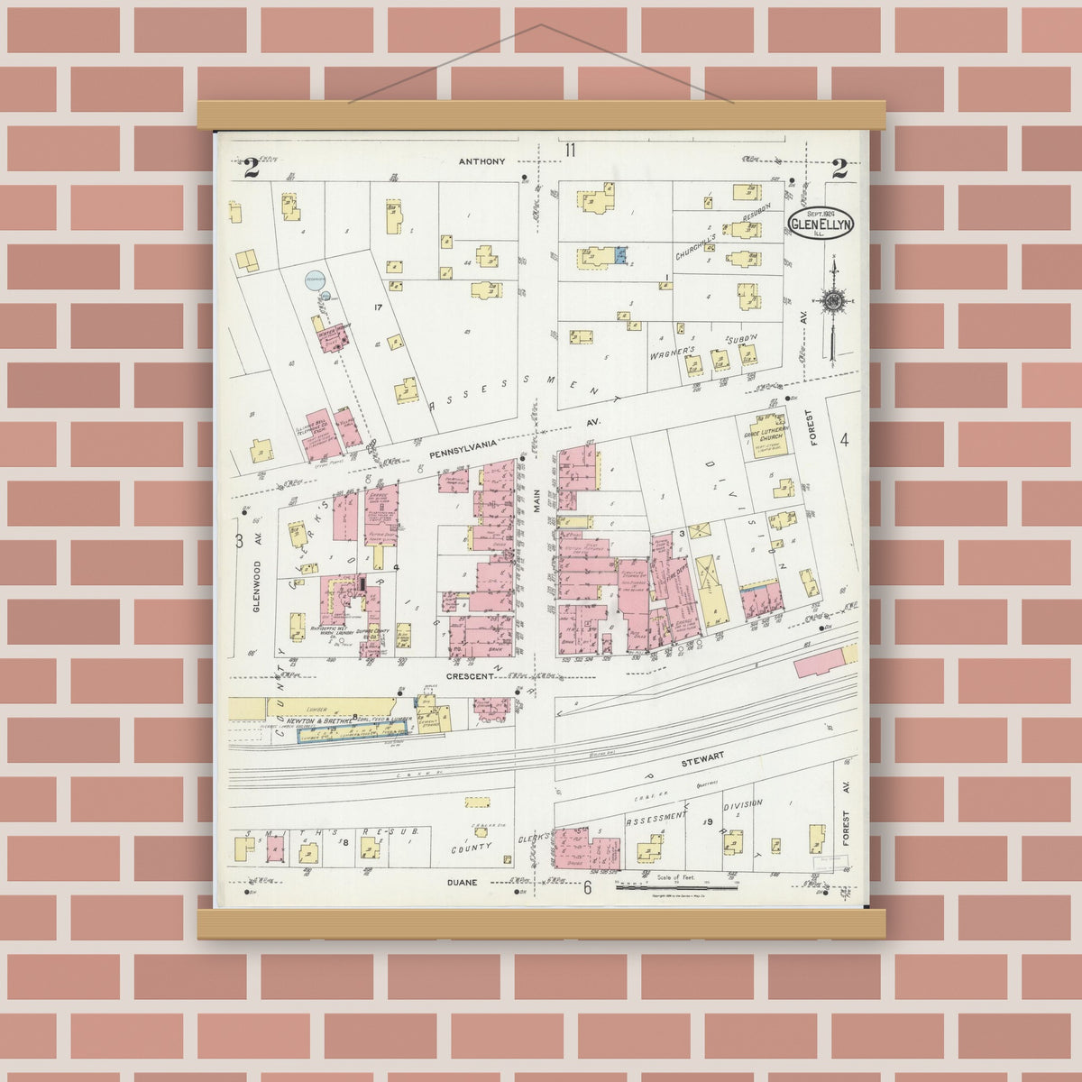 Old map wall art mockup — magnetic wood frame on brick wall — Sanborn Fire Insurance Map from Glen Ellyn, Du Page County, Illinois (1924), Sheet #0002