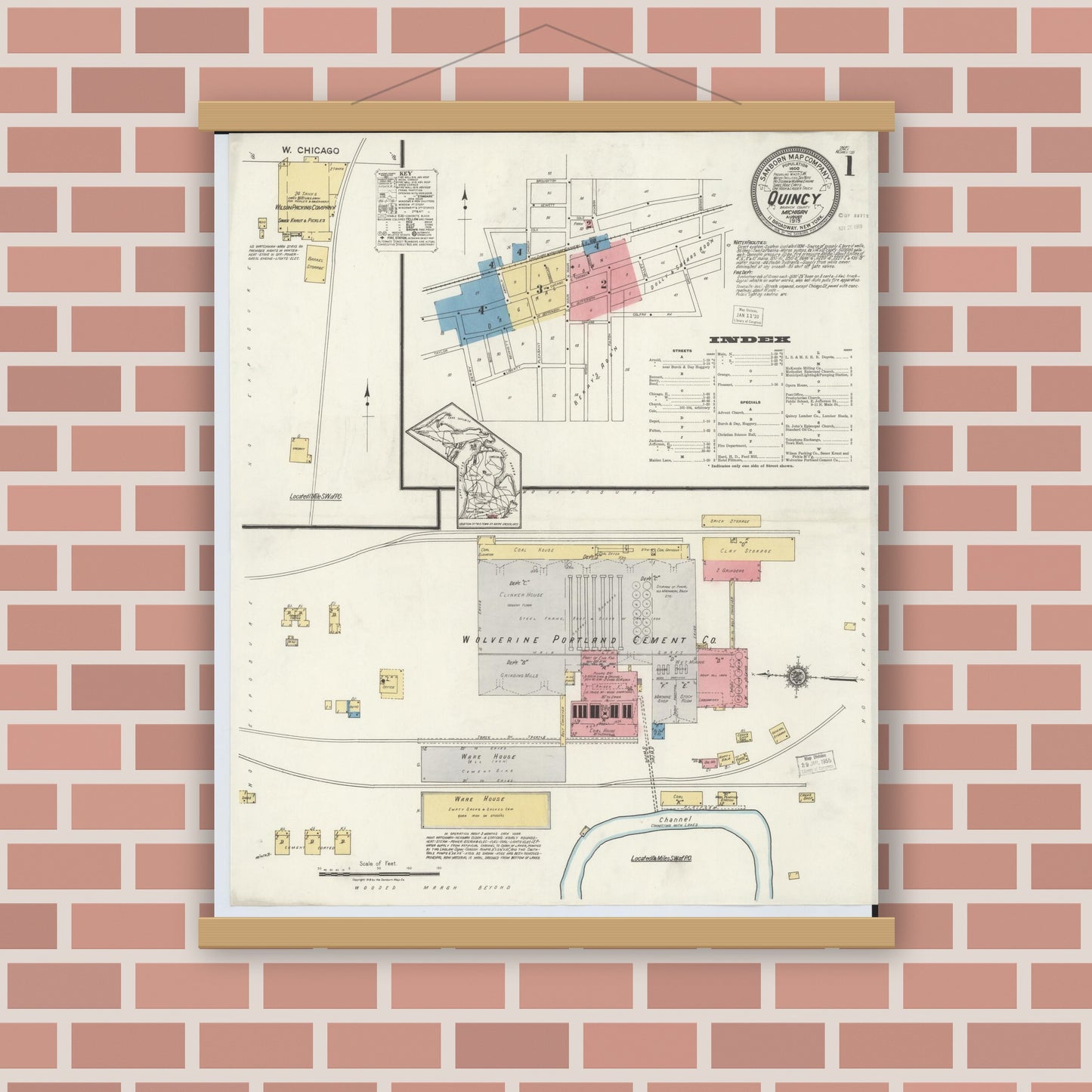 Old map wall art mockup — magnetic wood frame on brick wall — Sanborn Fire Insurance Map from Quincy, Branch County, Michigan (1919), Sheet #0001
