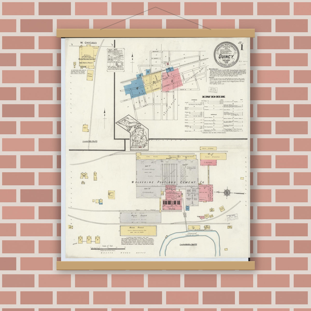 Old map wall art mockup — magnetic wood frame on brick wall — Sanborn Fire Insurance Map from Quincy, Branch County, Michigan (1919), Sheet #0001