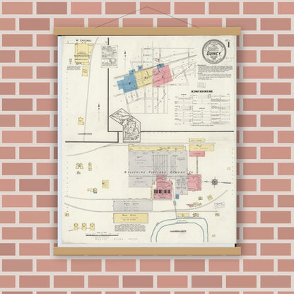 Old map wall art mockup — magnetic wood frame on brick wall — Sanborn Fire Insurance Map from Quincy, Branch County, Michigan (1919), Sheet #0001