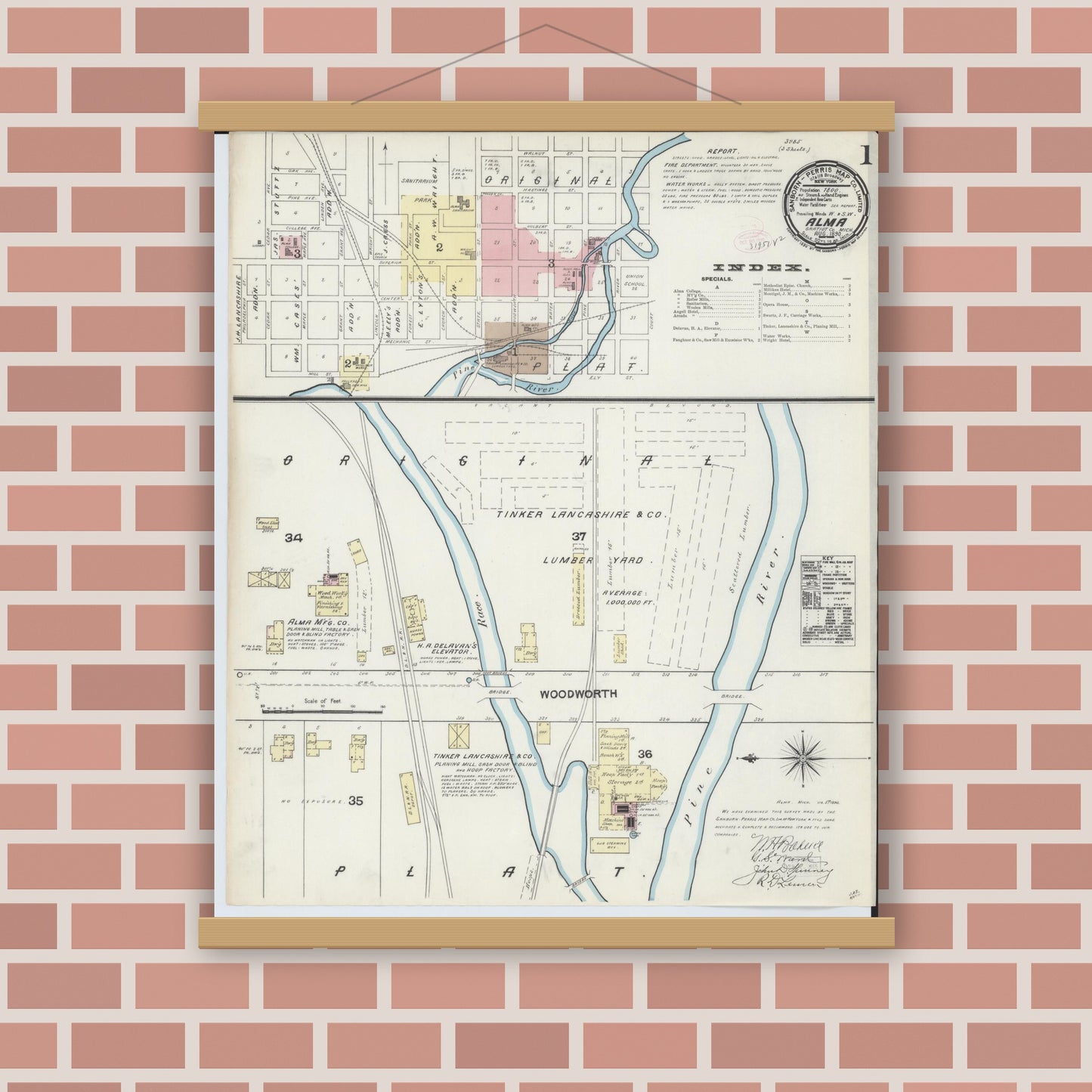 Old map wall art mockup — magnetic wood frame on brick wall — Sanborn Fire Insurance Map from Alma, Gratiot County, Michigan (1890) - Complete Map Set