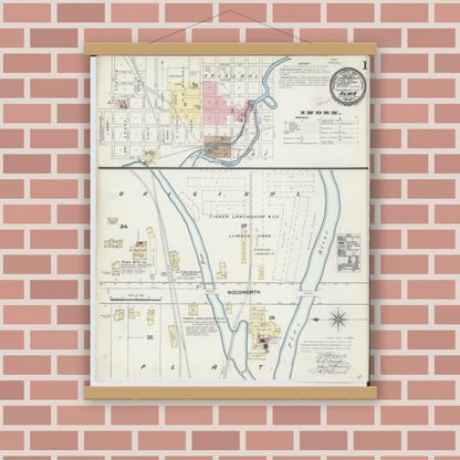 Old map wall art mockup — magnetic wood frame on brick wall — Sanborn Fire Insurance Map from Alma, Gratiot County, Michigan (1890) - Complete Map Set