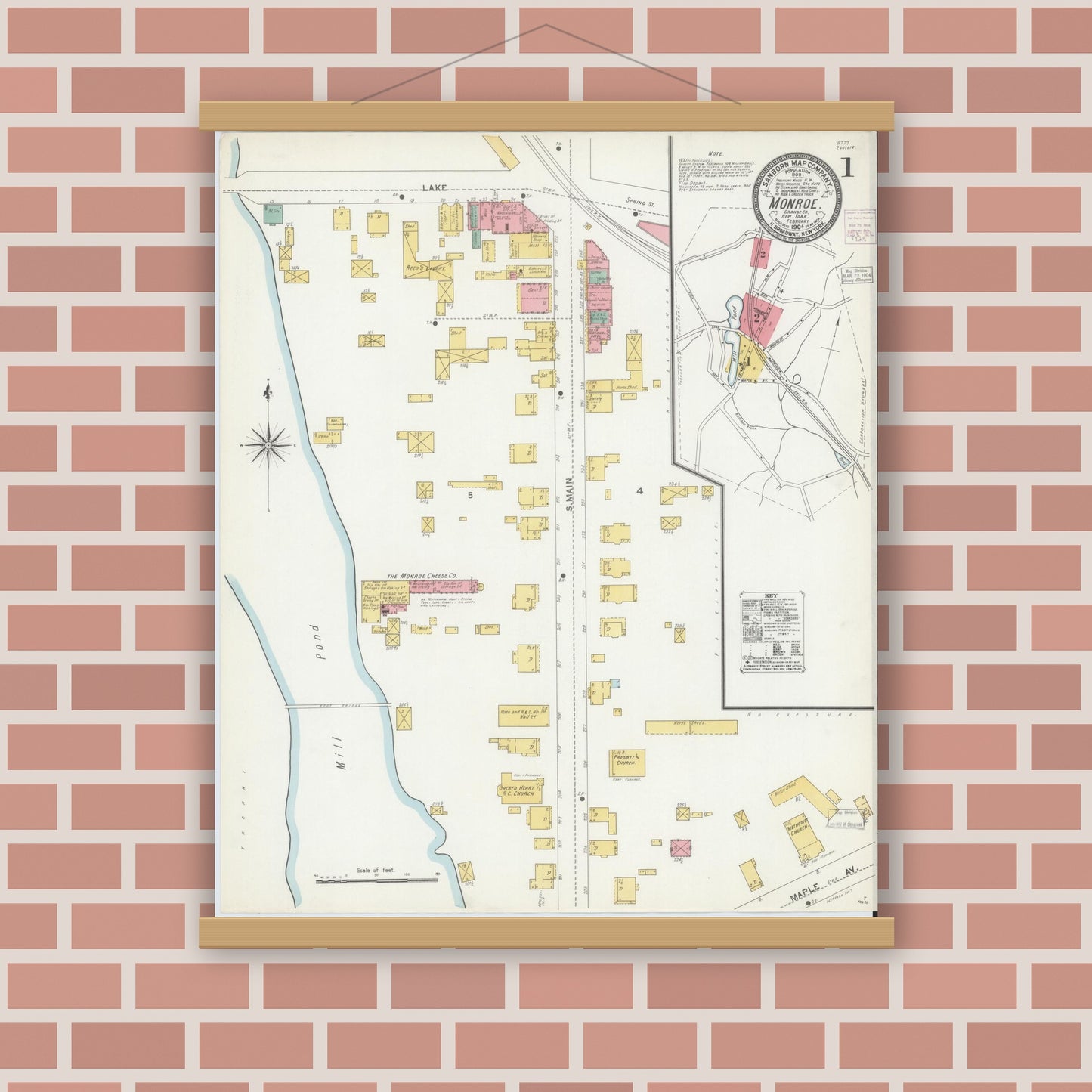 Old map wall art mockup — magnetic wood frame on brick wall — Sanborn Fire Insurance Map from Monroe, Orange County, New York (1904) - Complete Map Set
