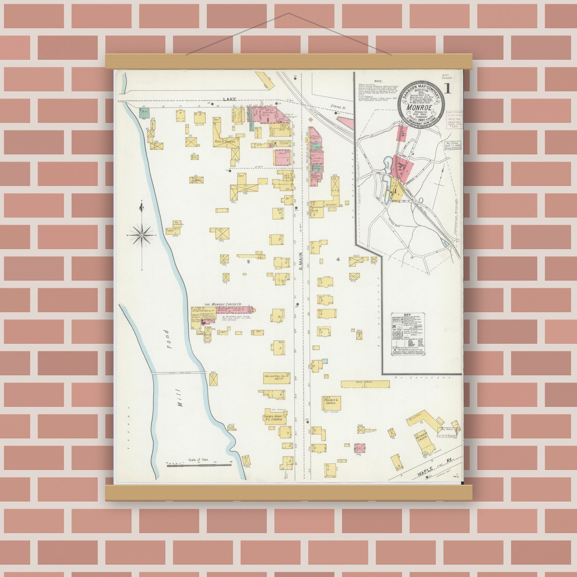 Old map wall art mockup — magnetic wood frame on brick wall — Sanborn Fire Insurance Map from Monroe, Orange County, New York (1904) - Complete Map Set