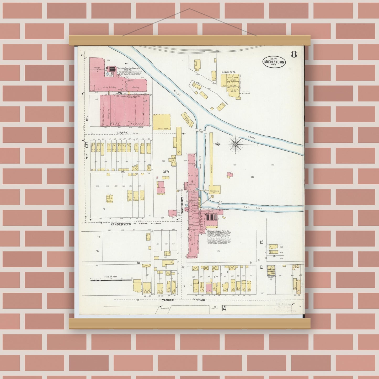 Old map wall art mockup — magnetic wood frame on brick wall — Sanborn Fire Insurance Map from Middletown, Butler County, Ohio (1901), Sheet #0008