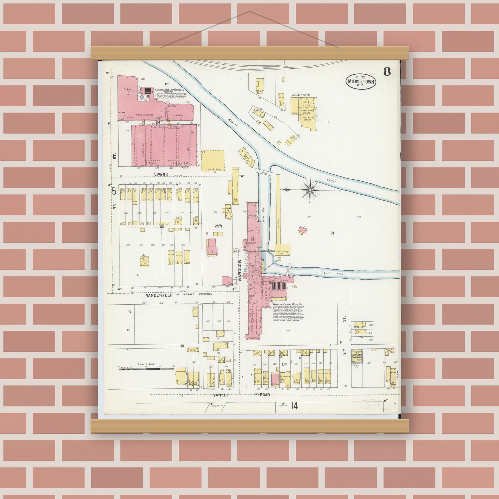 Old map wall art mockup — magnetic wood frame on brick wall — Sanborn Fire Insurance Map from Middletown, Butler County, Ohio (1901), Sheet #0008