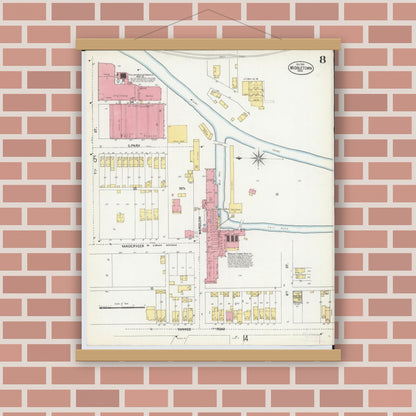 Old map wall art mockup — magnetic wood frame on brick wall — Sanborn Fire Insurance Map from Middletown, Butler County, Ohio (1901), Sheet #0008