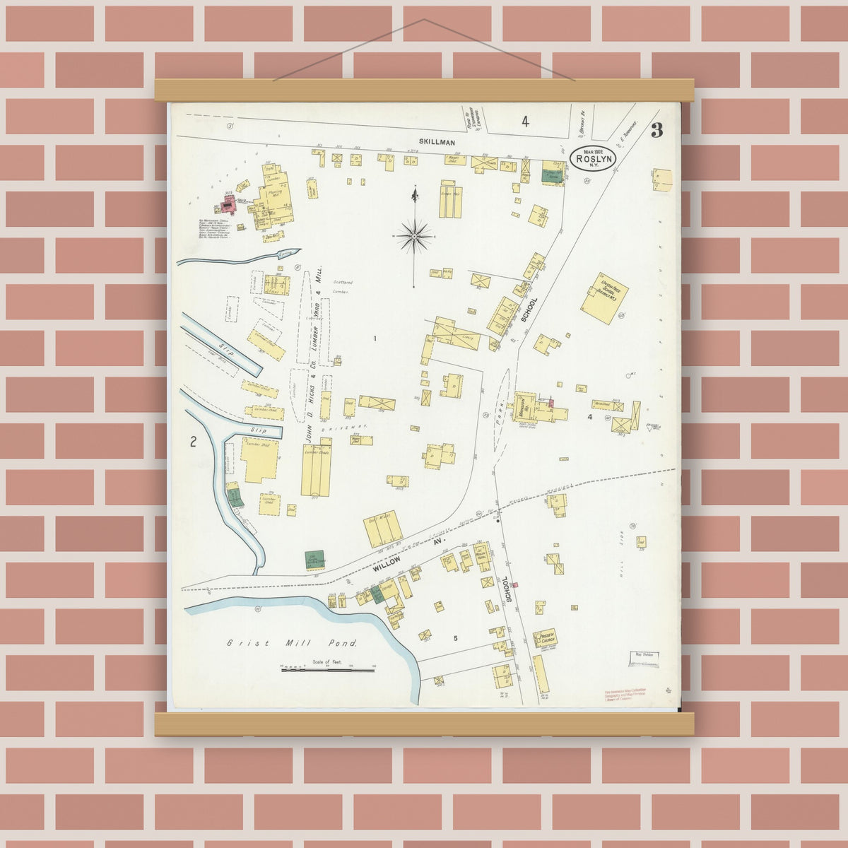 Old map wall art mockup — magnetic wood frame on brick wall — Sanborn Fire Insurance Map from Roslyn, Nassau County, New York (1902), Sheet #0003