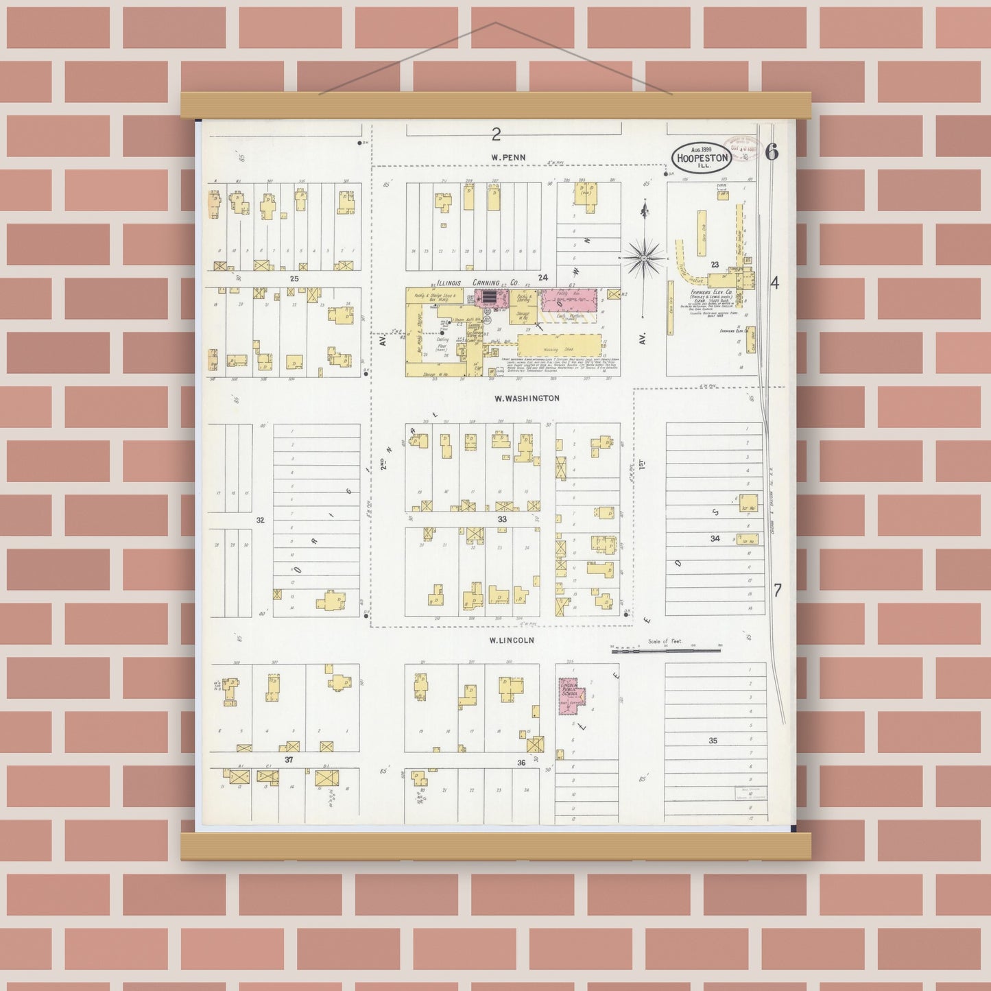 Old map wall art mockup — magnetic wood frame on brick wall — Sanborn Fire Insurance Map from Hoopeston, Vermilion County, Illinois (1899), Sheet #0006