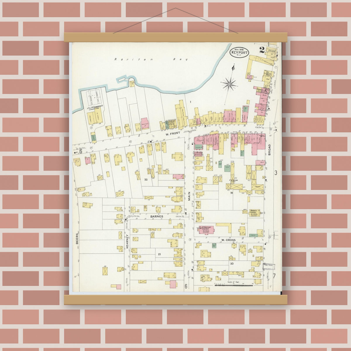 Old map wall art mockup — magnetic wood frame on brick wall — Sanborn Fire Insurance Map from Keyport, Monmouth County, New Jersey (1908), Sheet #0002