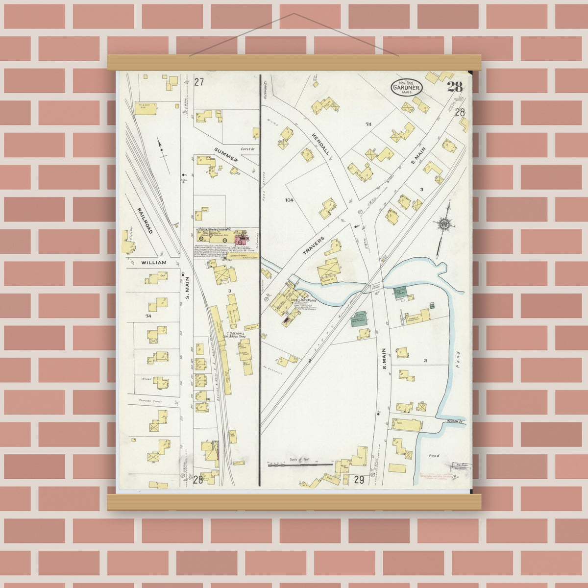 Old map wall art mockup — magnetic wood frame on brick wall — Sanborn Fire Insurance Map from Gardner, Worcester County, Massachusetts (1909), Sheet #0028
