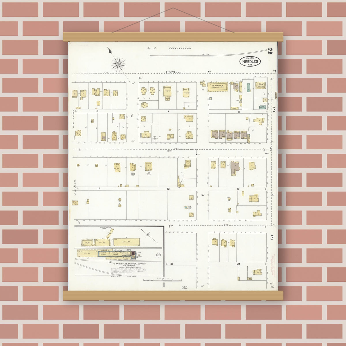 Old map wall art mockup — magnetic wood frame on brick wall — Sanborn Fire Insurance Map from Needles, San Bernardino County, California (1901), Sheet #0002