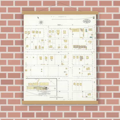 Old map wall art mockup — magnetic wood frame on brick wall — Sanborn Fire Insurance Map from Needles, San Bernardino County, California (1901), Sheet #0002