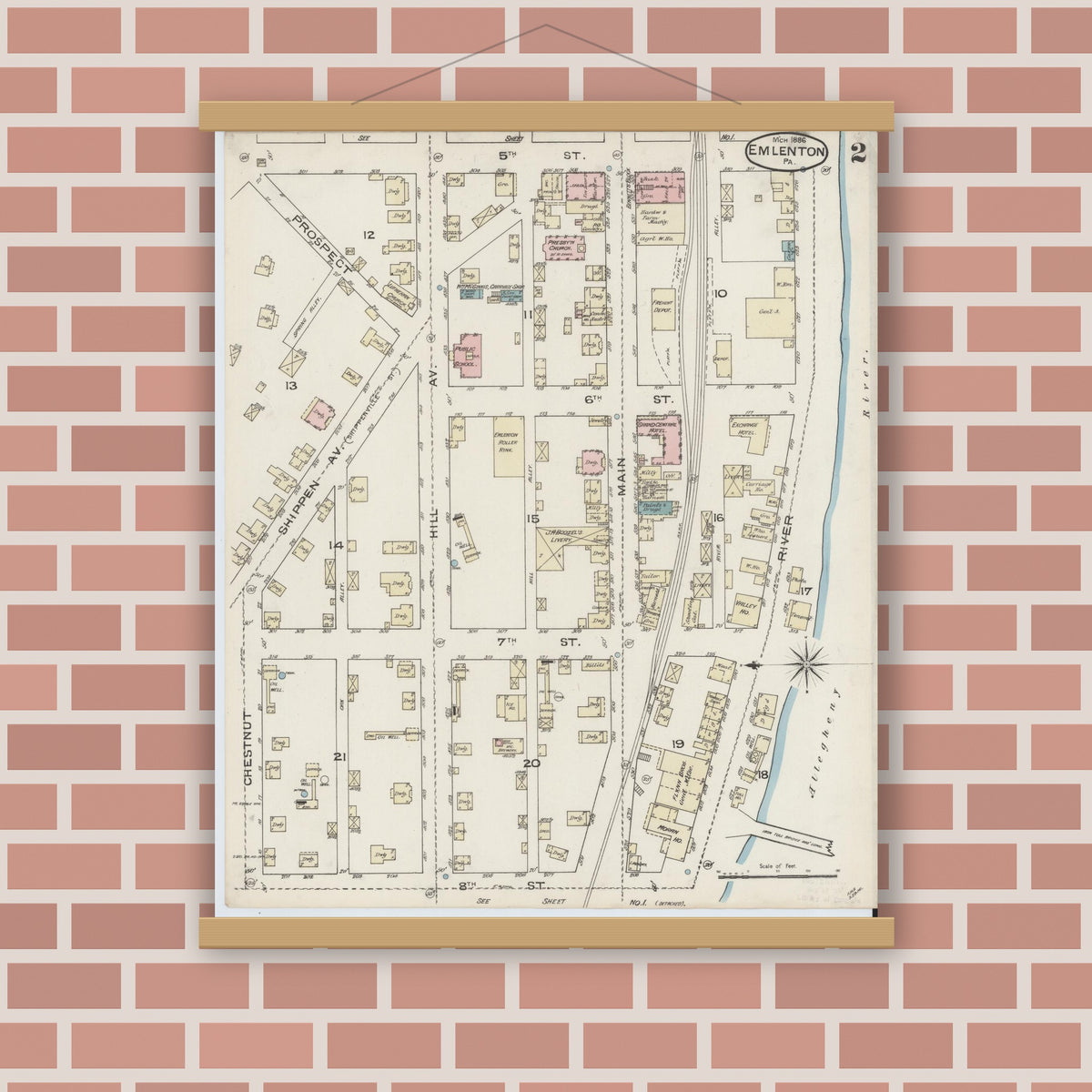 Old map wall art mockup — magnetic wood frame on brick wall — Sanborn Fire Insurance Map from Emlenton, Venango County, Pennsylvania (1886), Sheet #0002