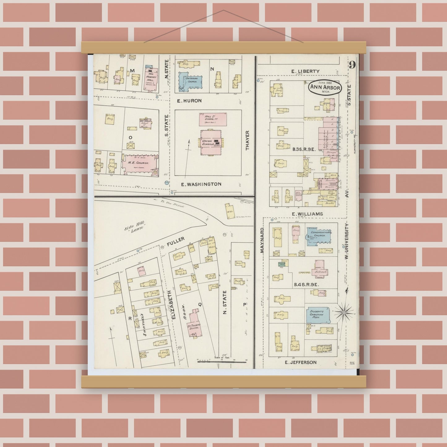 Old map wall art mockup — magnetic wood frame on brick wall — Sanborn Fire Insurance Map from Ann Arbor, Washtenaw County, Michigan (1888), Sheet #0009