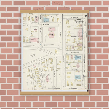 Old map wall art mockup — magnetic wood frame on brick wall — Sanborn Fire Insurance Map from Ann Arbor, Washtenaw County, Michigan (1888), Sheet #0009