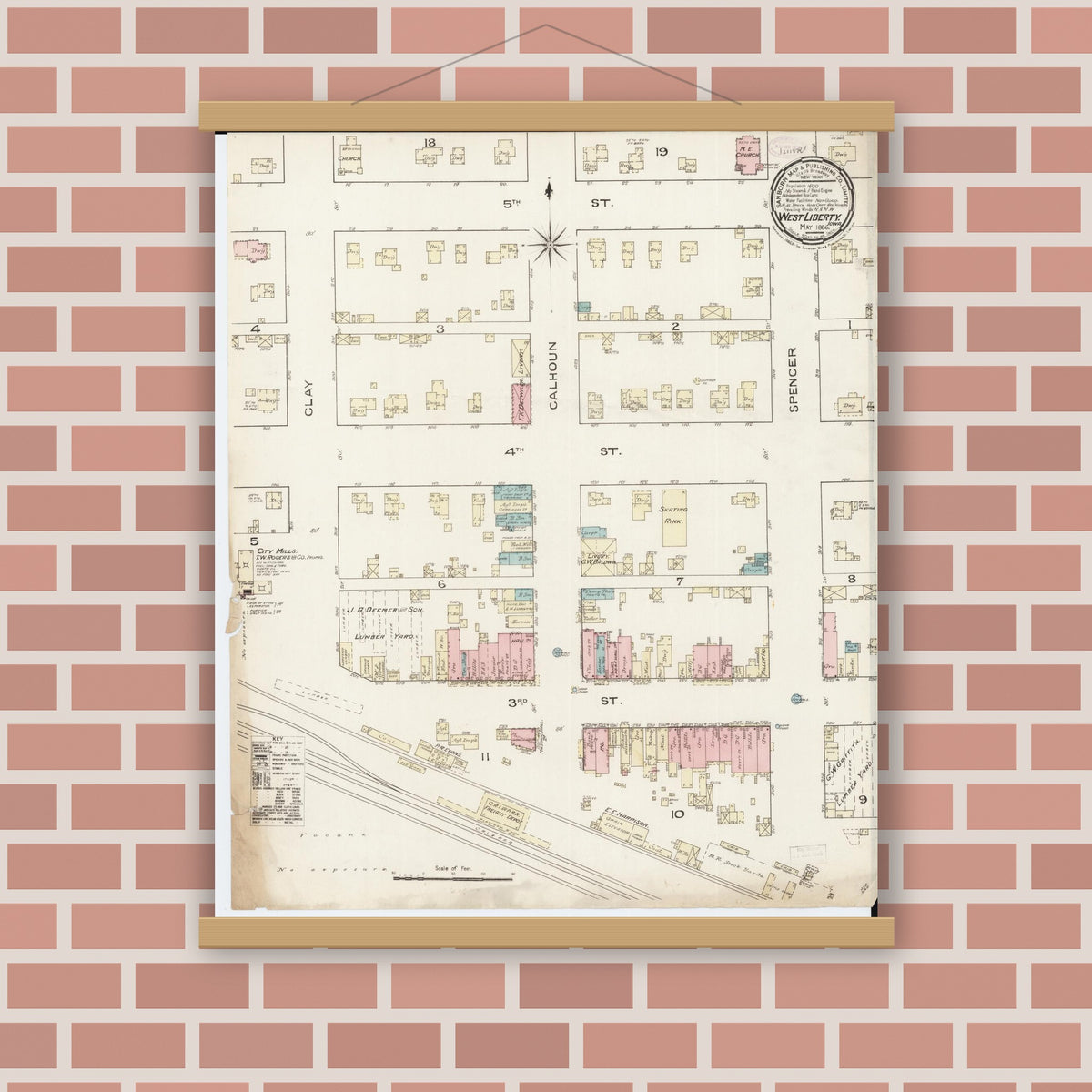 Old map wall art mockup — magnetic wood frame on brick wall — Sanborn Fire Insurance Map from West Liberty, Muscatine County, Iowa (1886), Sheet #0001