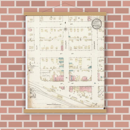 Old map wall art mockup — magnetic wood frame on brick wall — Sanborn Fire Insurance Map from West Liberty, Muscatine County, Iowa (1886), Sheet #0001