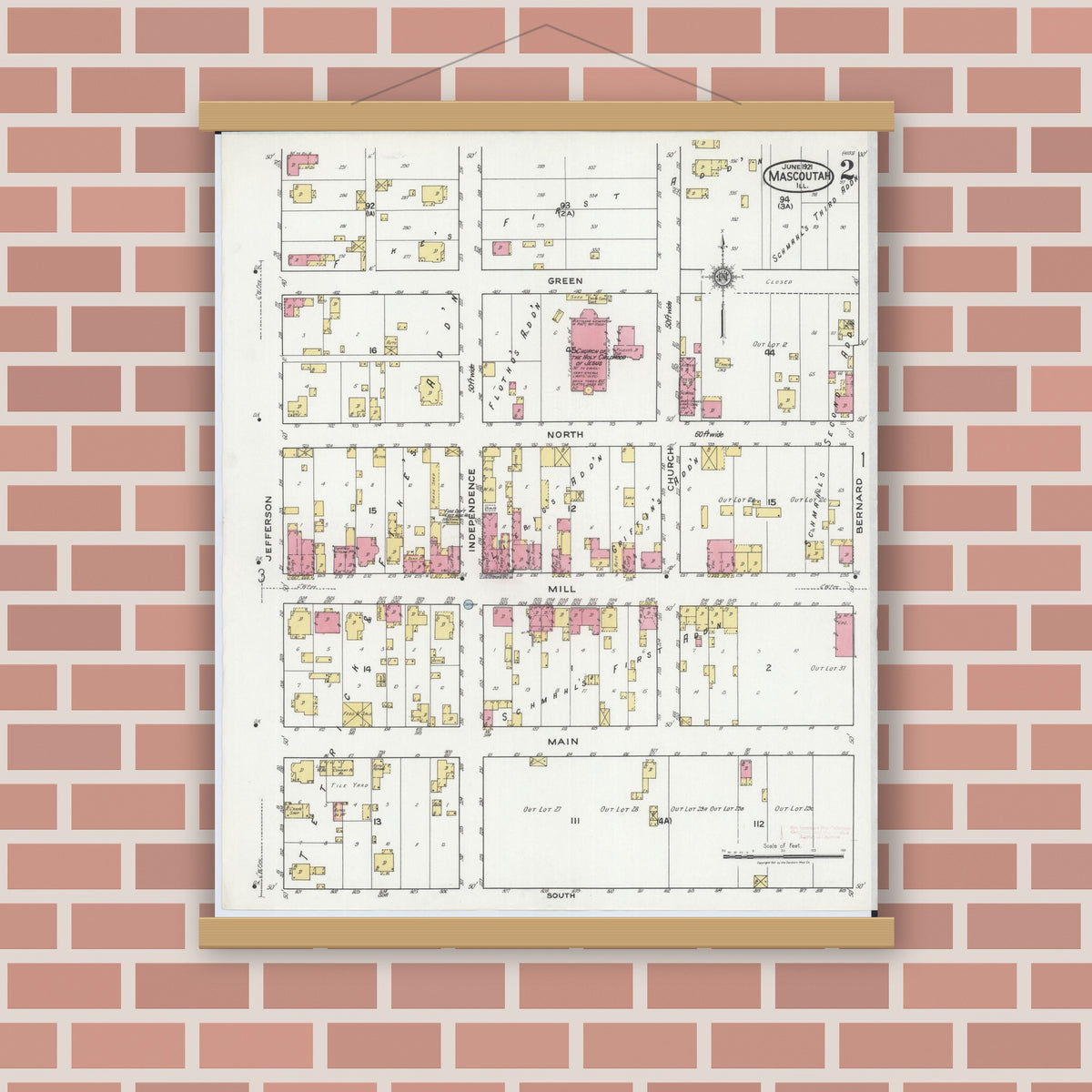 Old map wall art mockup — magnetic wood frame on brick wall — Sanborn Fire Insurance Map from Mascoutah, Saint Clair County, Illinois (1921), Sheet #0002