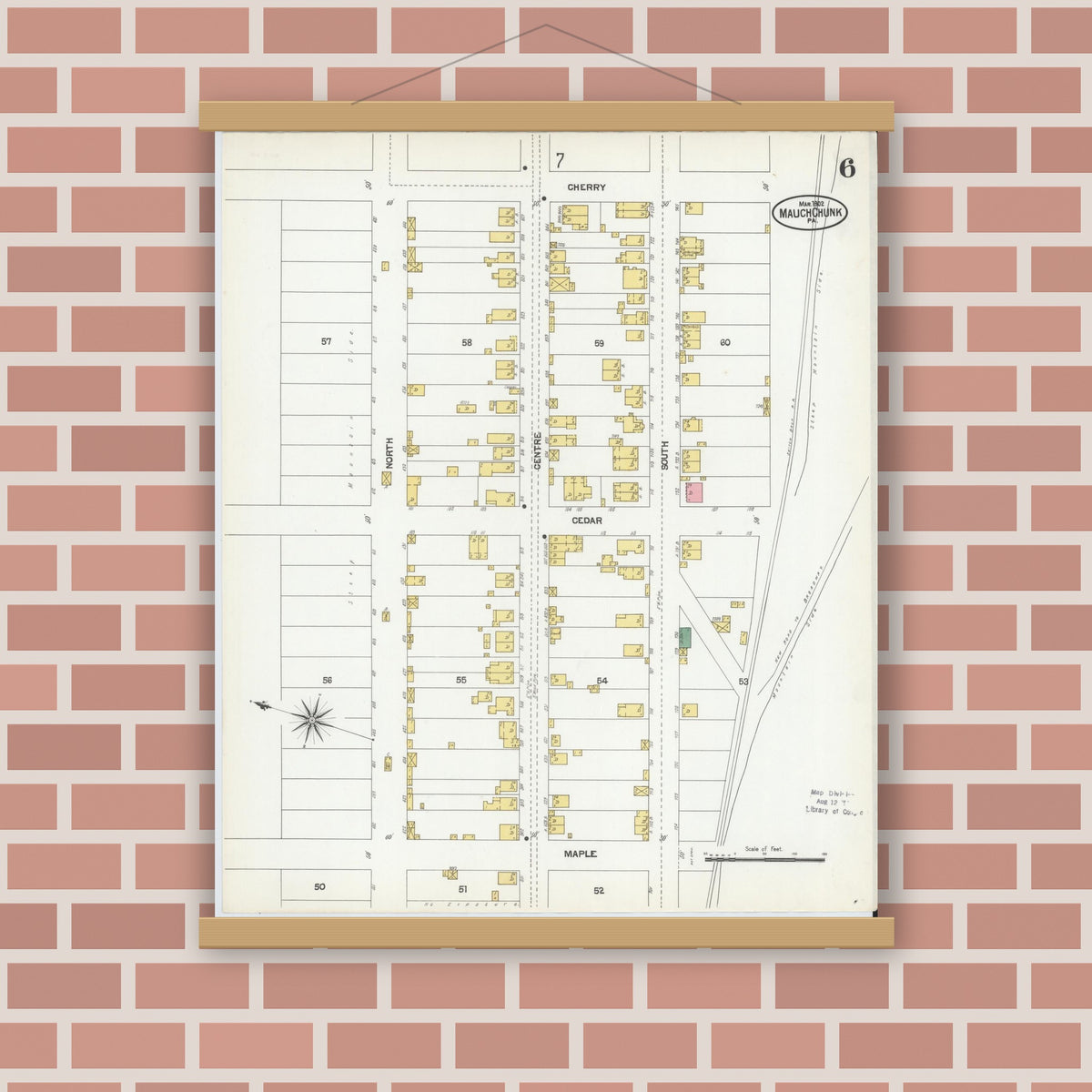 Old map wall art mockup — magnetic wood frame on brick wall — Sanborn Fire Insurance Map from Mauch Chunk, Carbon County, Pennsylvania (1902), Sheet #0006