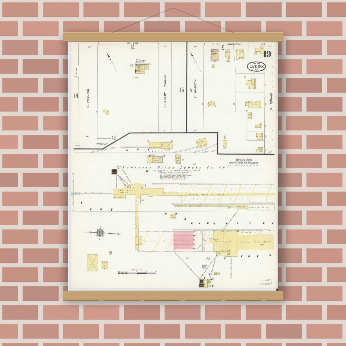 Old map wall art mockup — magnetic wood frame on brick wall — Sanborn Fire Insurance Map from Live Oak, Suwanee County, Florida (1912), Sheet #0019