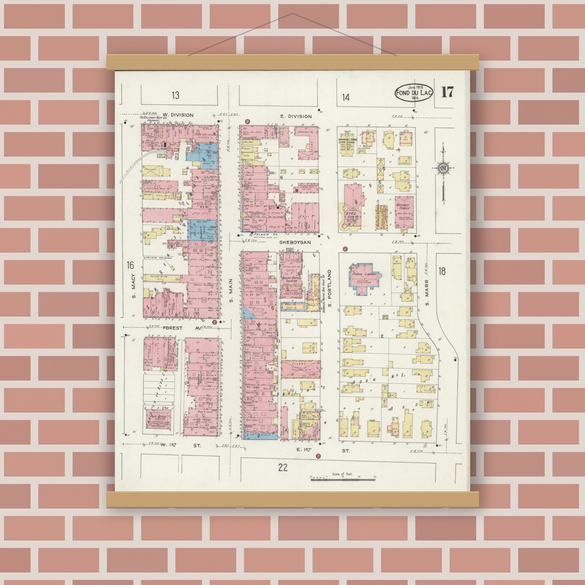 Old map wall art mockup — magnetic wood frame on brick wall — Sanborn Fire Insurance Map from Fond du Lac, Fond du Lac County, Wisconsin (1915), Sheet #0017