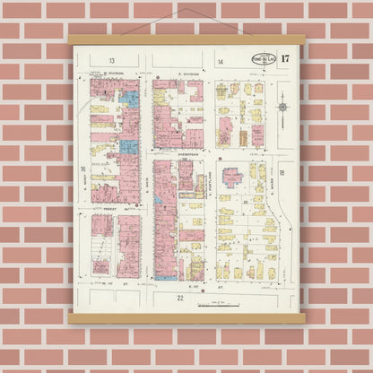 Old map wall art mockup — magnetic wood frame on brick wall — Sanborn Fire Insurance Map from Fond du Lac, Fond du Lac County, Wisconsin (1915), Sheet #0017