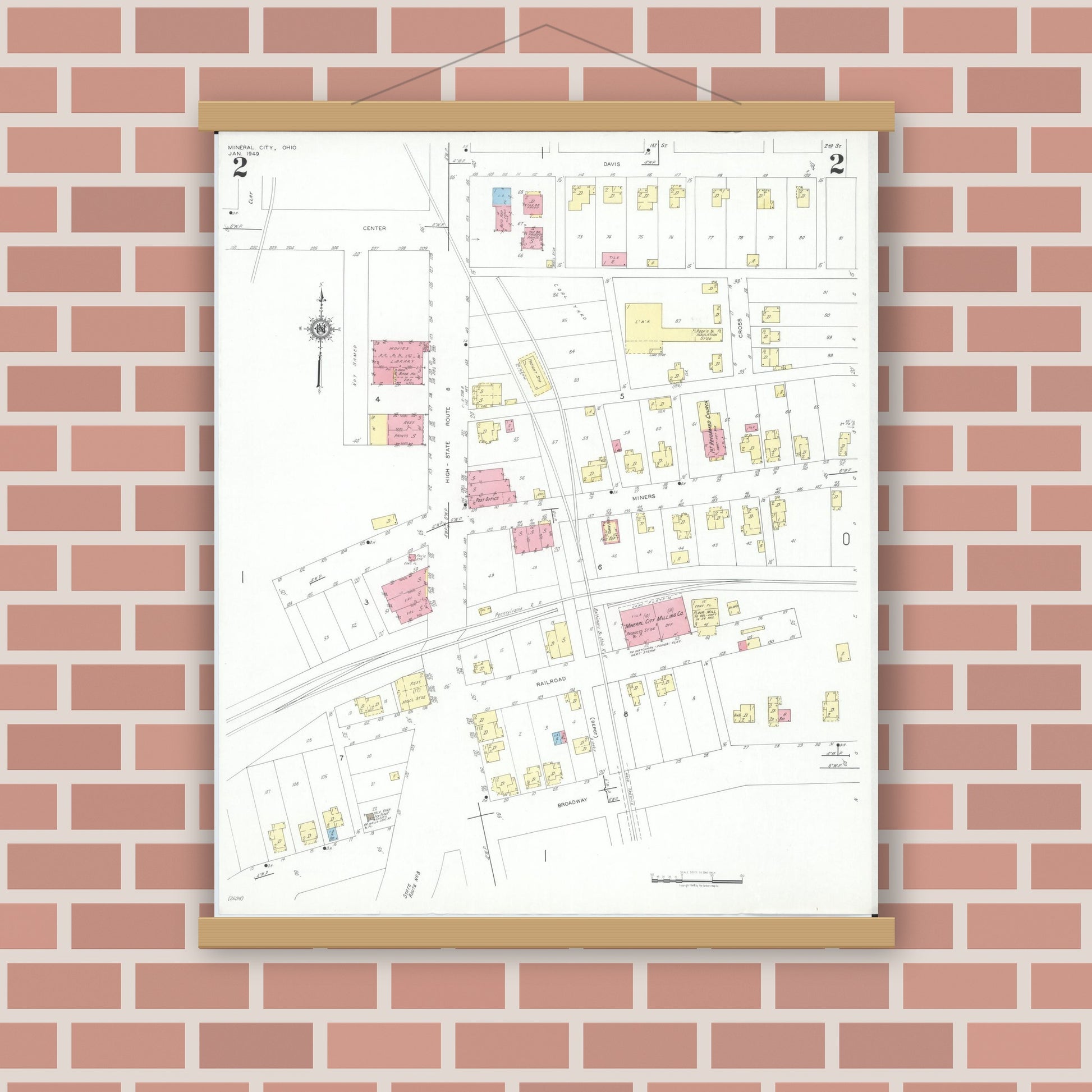 Old map wall art mockup — magnetic wood frame on brick wall — Sanborn Fire Insurance Map from Mineral City, Tuscarawas County, Ohio (1949), Sheet #0002