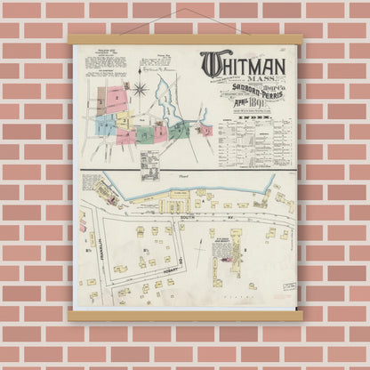 Old map wall art mockup — magnetic wood frame on brick wall — Sanborn Fire Insurance Map from Whitman, Plymouth County, Massachusetts (1891) - Complete Map Set