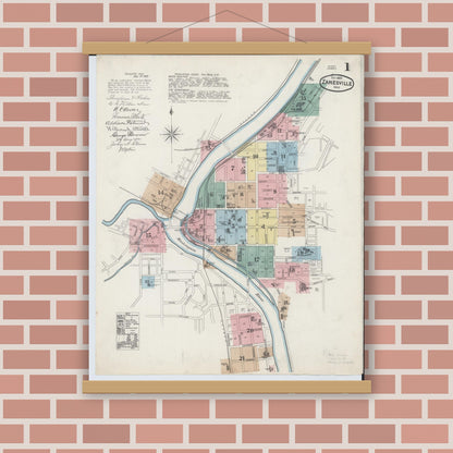 Old map wall art mockup — magnetic wood frame on brick wall — Sanborn Fire Insurance Map from Zanesville, Muskingum County, Ohio (1889) - Complete Map Set