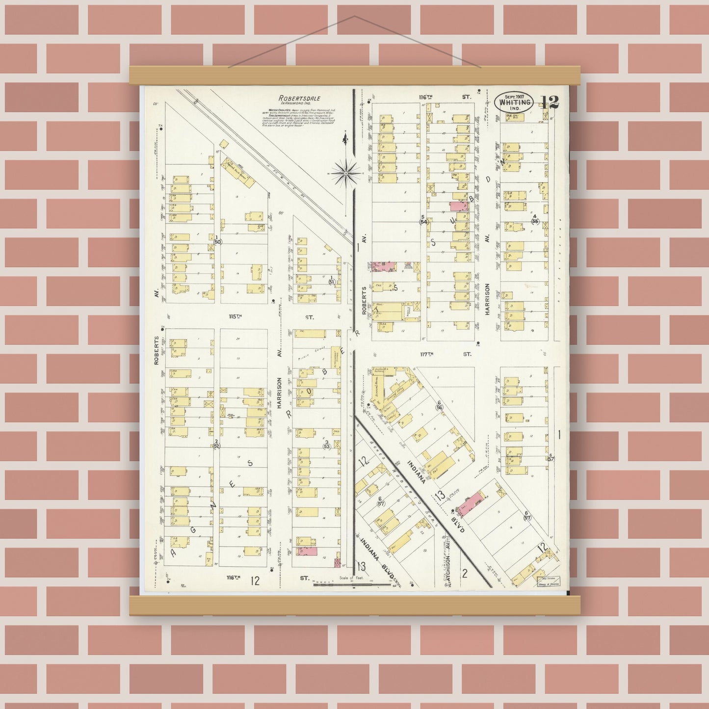 Old map wall art mockup — magnetic wood frame on brick wall — Sanborn Fire Insurance Map from Whiting, Lake County, Indiana (1907), Sheet #0012