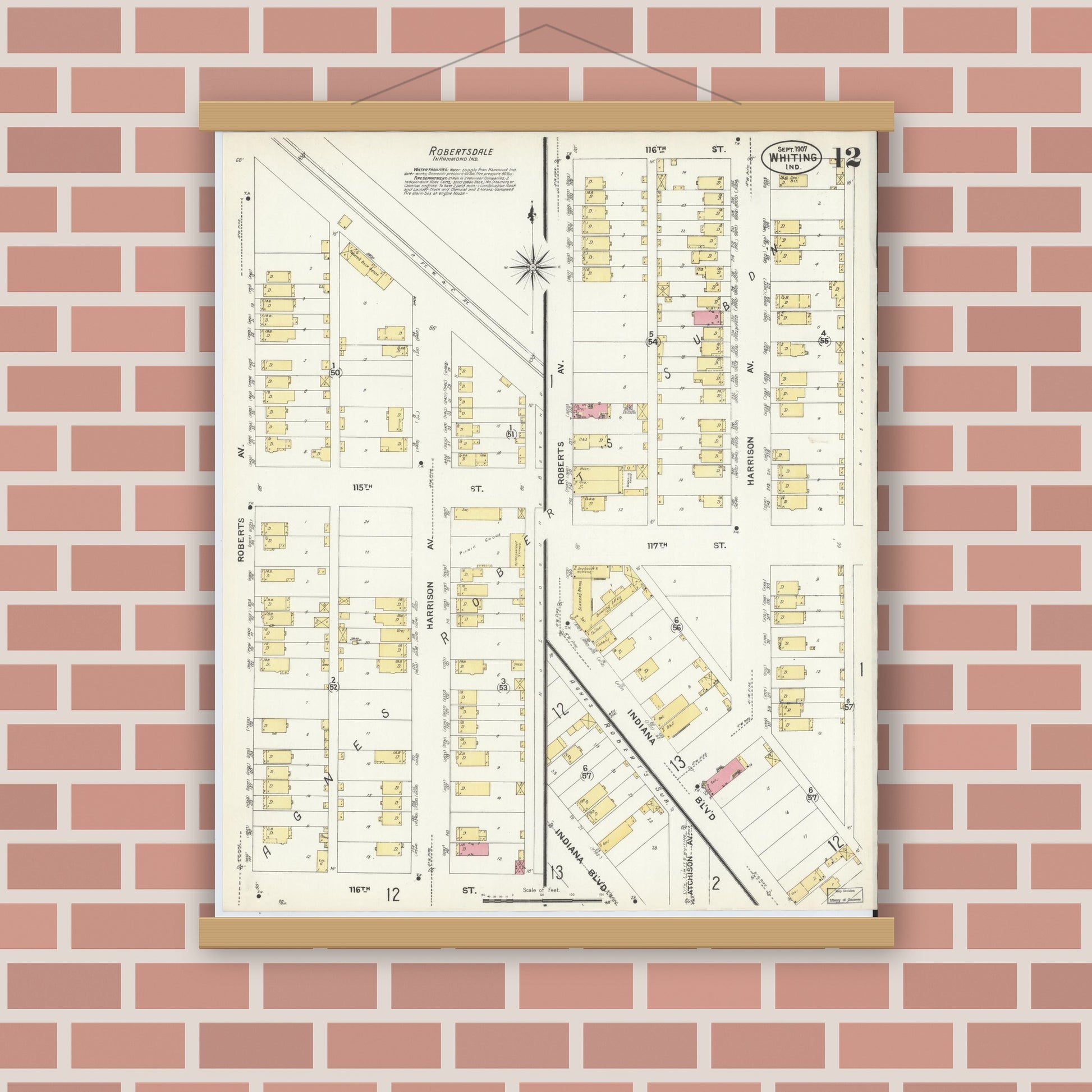 Old map wall art mockup — magnetic wood frame on brick wall — Sanborn Fire Insurance Map from Whiting, Lake County, Indiana (1907), Sheet #0012