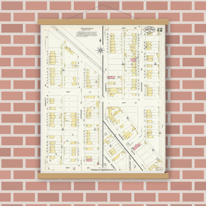Old map wall art mockup — magnetic wood frame on brick wall — Sanborn Fire Insurance Map from Whiting, Lake County, Indiana (1907), Sheet #0012