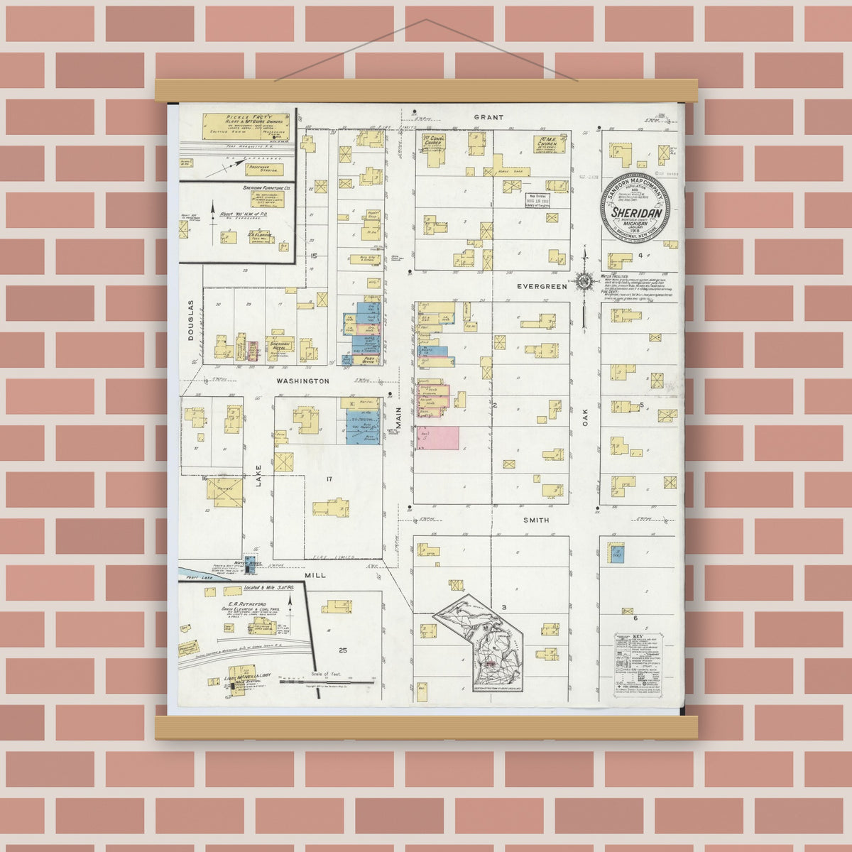 Old map wall art mockup — magnetic wood frame on brick wall — Sanborn Fire Insurance Map from Sheridan, Montcalm County, Michigan (1918), Sheet #0001
