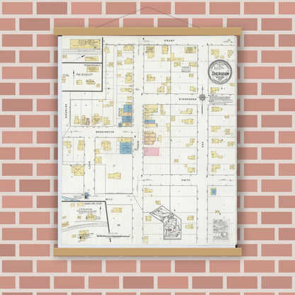 Old map wall art mockup — magnetic wood frame on brick wall — Sanborn Fire Insurance Map from Sheridan, Montcalm County, Michigan (1918), Sheet #0001